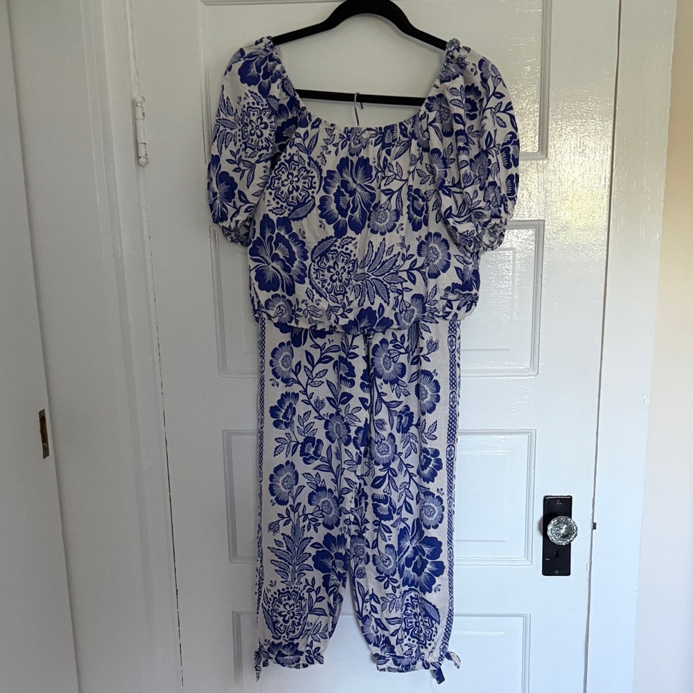 Rachel Zoe Blue and White Floral set crop top and balloon pants.